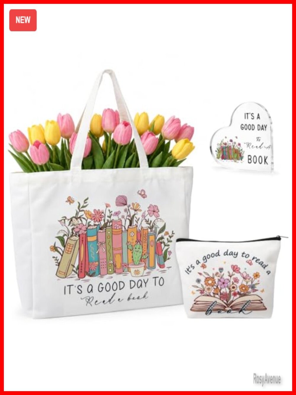 Book Lovers Gift Set 3 Pc Canvas Tote Bag Acrylic Ornament Polyester